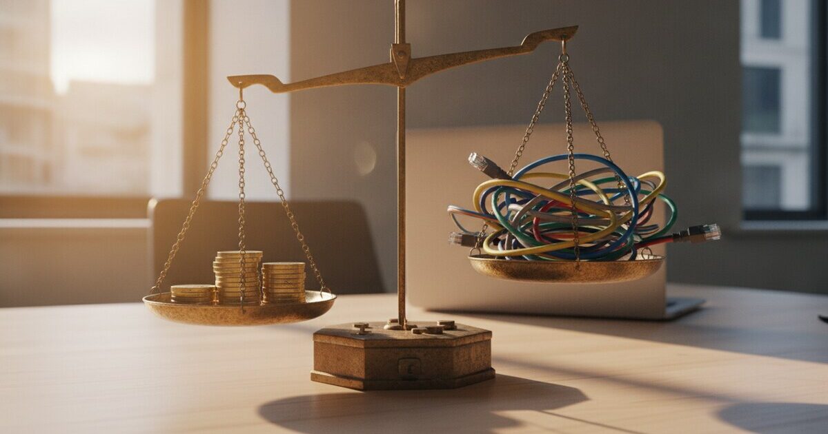 Brass balance scales on a desk weighing a stack of pound coins against a tangle of colourful network cables
