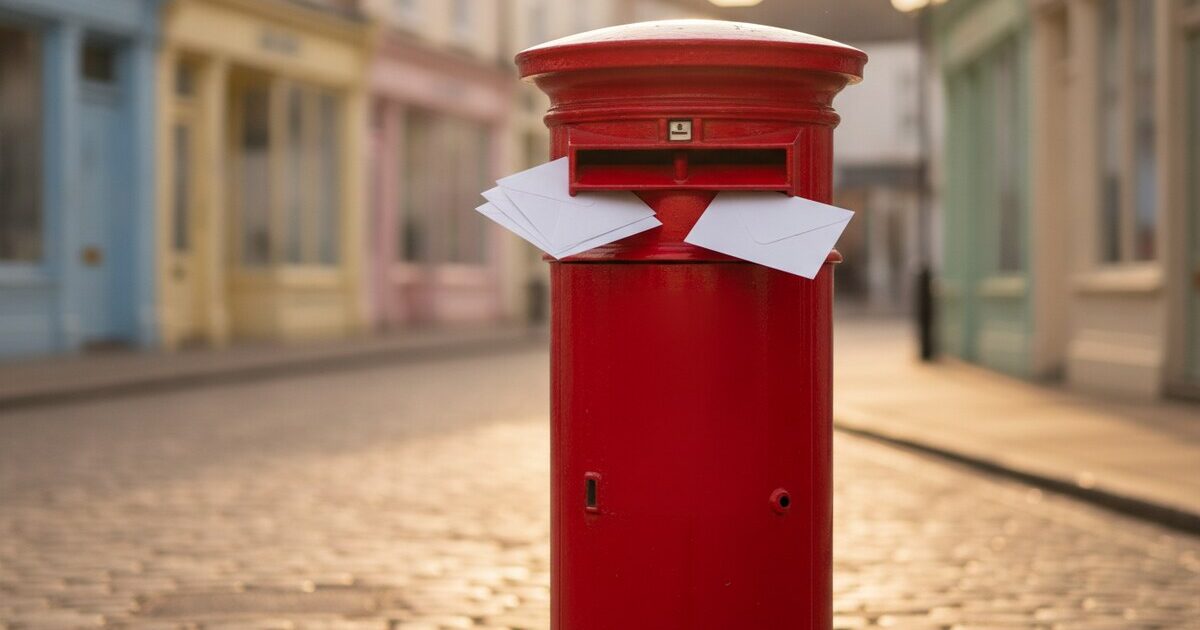 Bright red British pillar postbox with white envelopes in the slot on a colourful street at golden hour